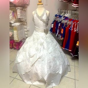 Childs Size 6 Sugar by Mac Duggal White Beaded Long Ballgown Pageant Dress